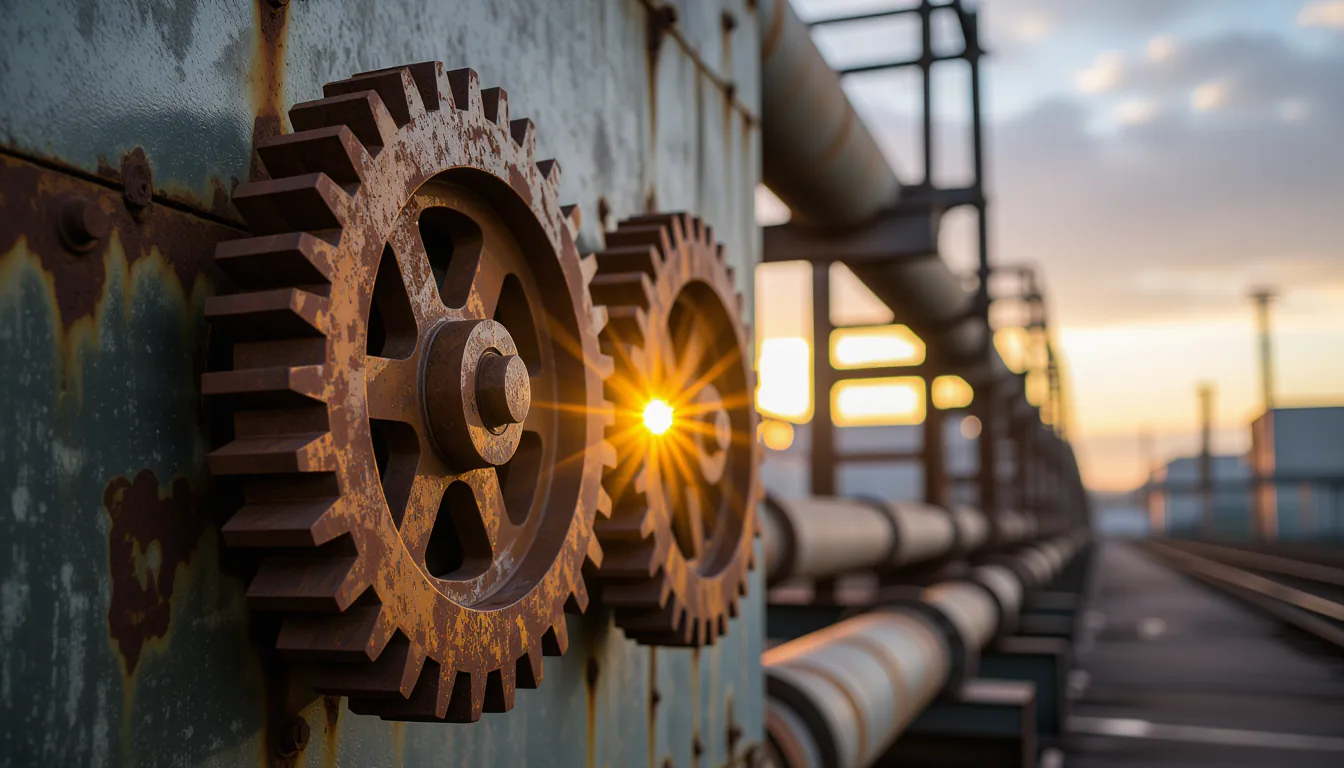 Golden-hour sun flares through the gap between two rusted industrial gears on a factory wall, their