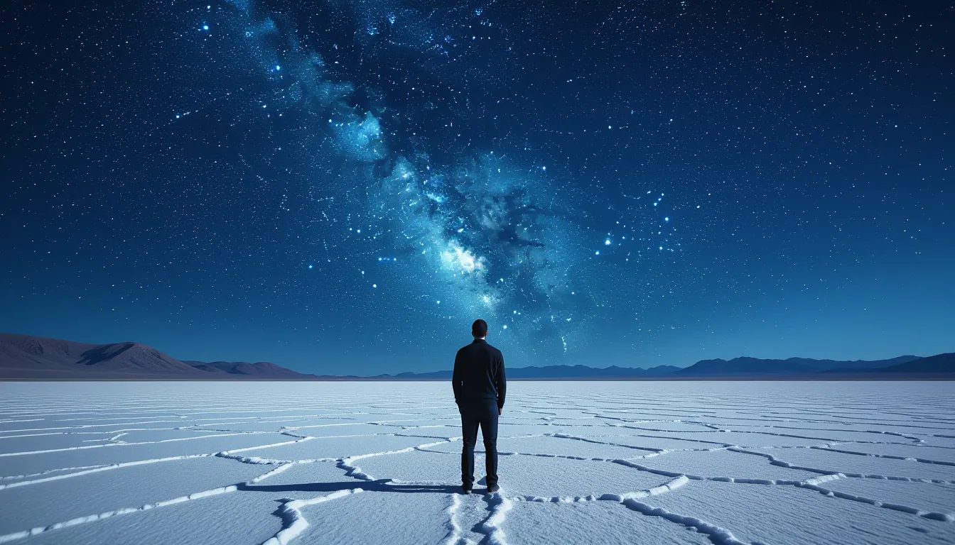 A lone figure in a dark sweater stands at the edge of a flat desert salt pan under a vast indigo sky