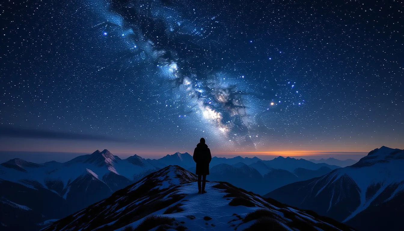 A lone figure in a heavy wool coat stands on a windswept alpine ridge at twilight, dwarfed by a sky