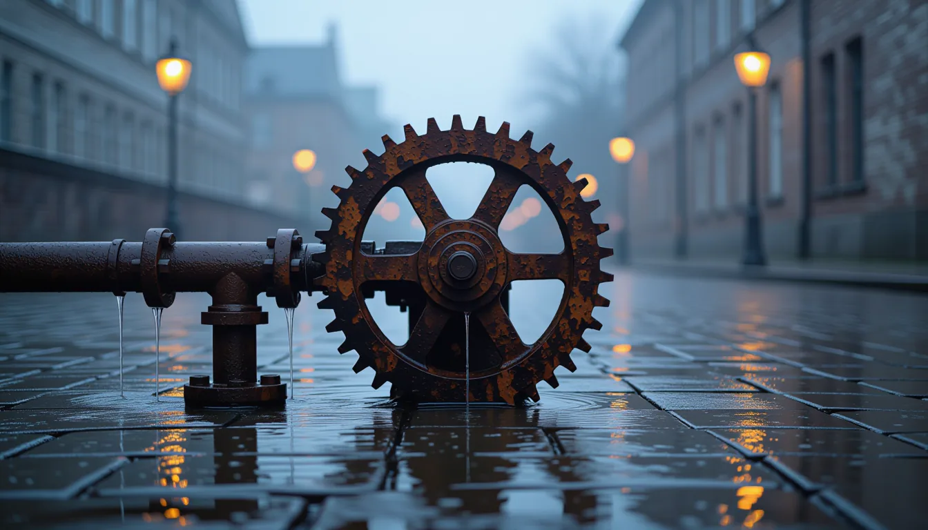 Long-exposure at dusk: a rusted iron gear train spinning slowly against wet cobblestone, water dripp