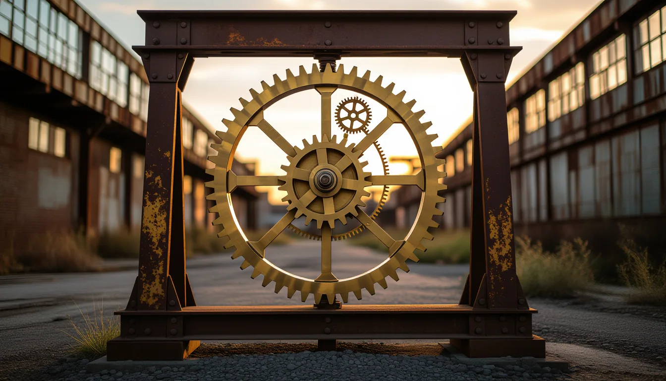 A kinetic sculpture of interlocking brass gears mounted on an iron gantry in an abandoned factory ya