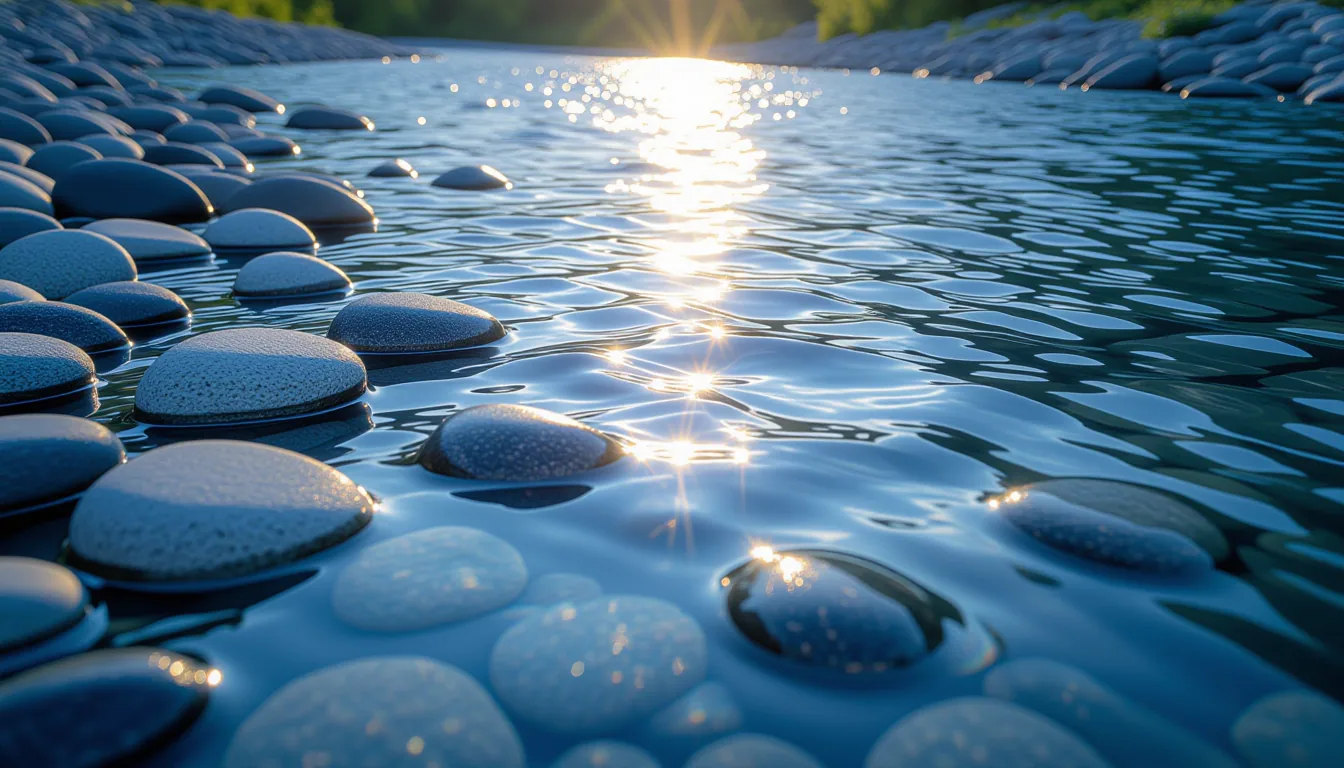 A shallow riverbed where smooth grey stones are half-submerged in slow-moving water, sunlight filter