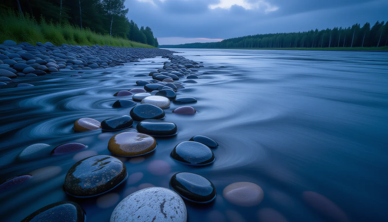 A riverbank at dusk, the current tearing apart a line of smooth stones washed upstream by months of