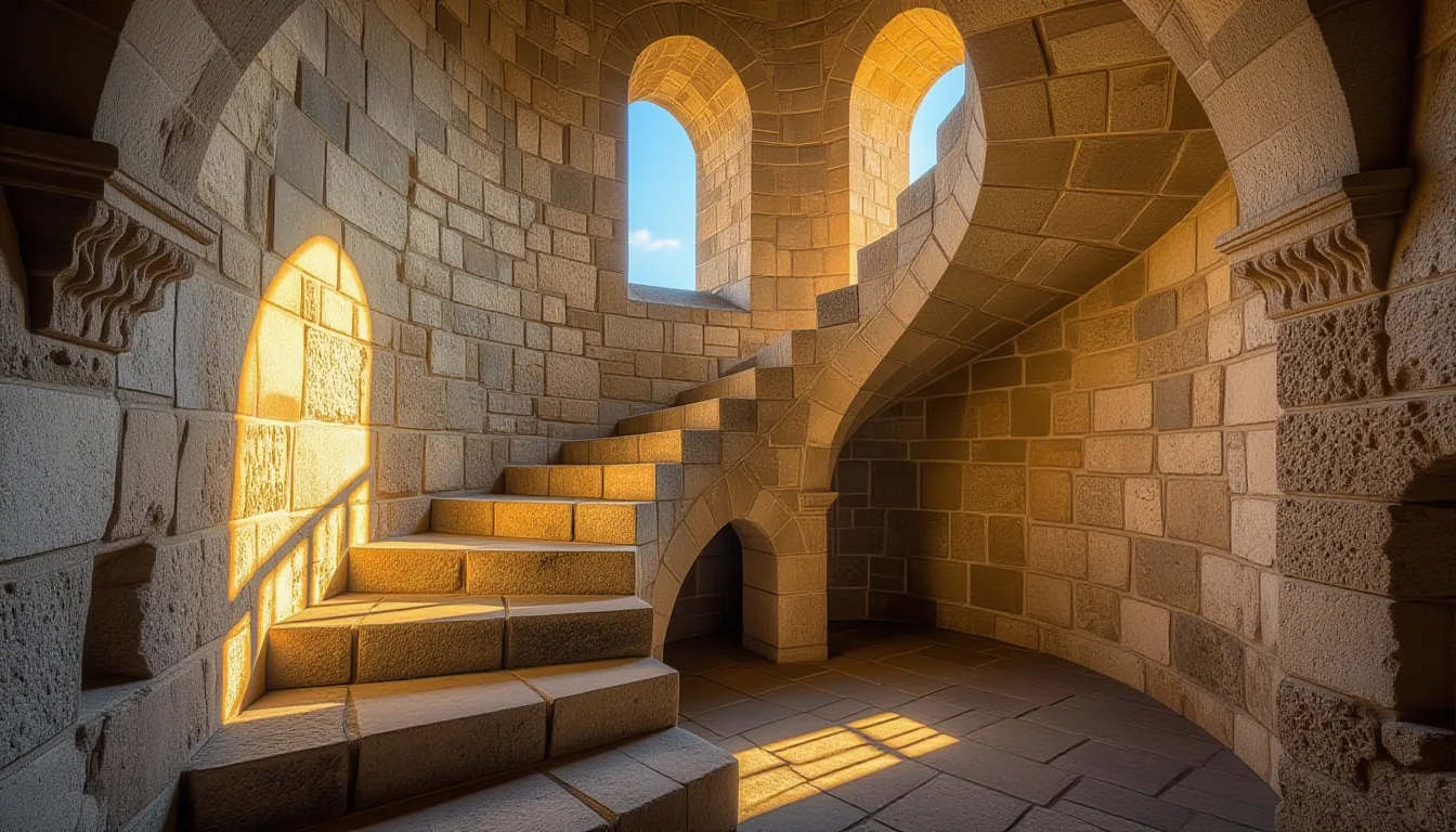 A crumbling stone staircase spirals up the interior of a Romanesque bell tower at golden hour, one s