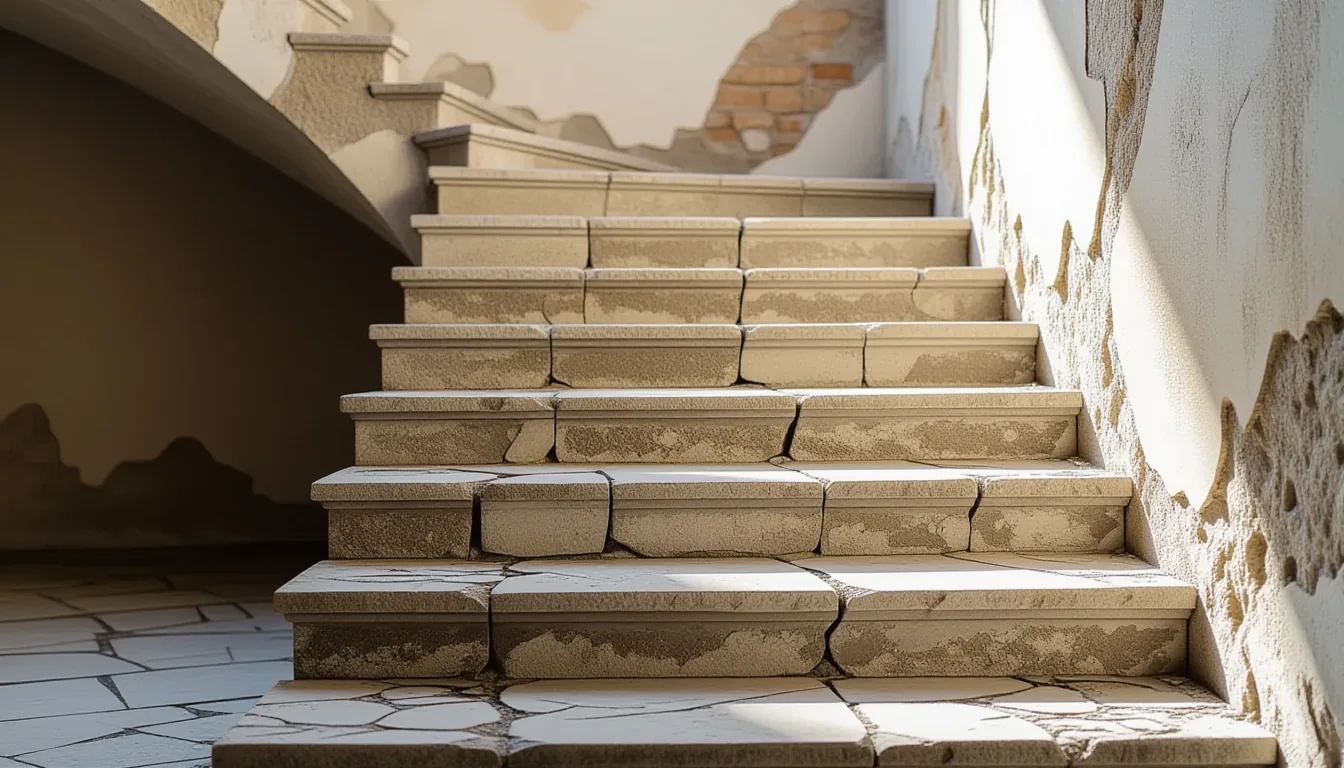 Overcast light bleaches a cracked stone staircase in an abandoned European courtyard, where fracture