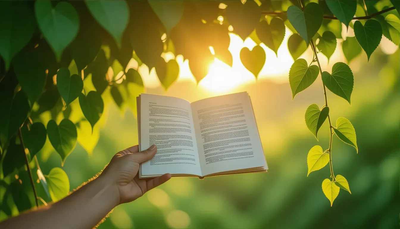 A weathered hand holds an open report page, half-hidden beneath a sprawling canopy of green vines, w