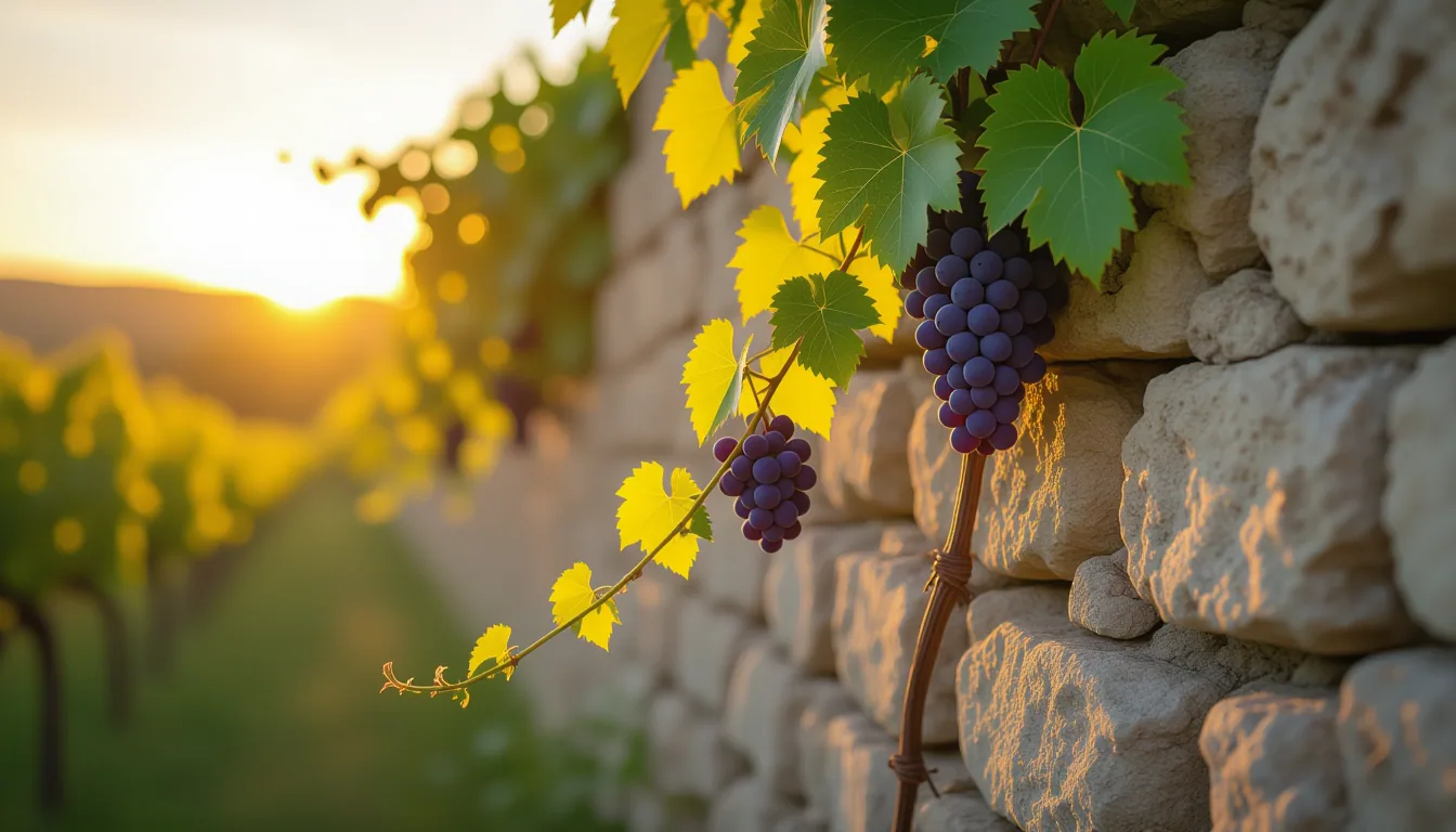 A dense tangle of wild grapevines clings to a crumbling limestone wall at golden hour, one thick vin