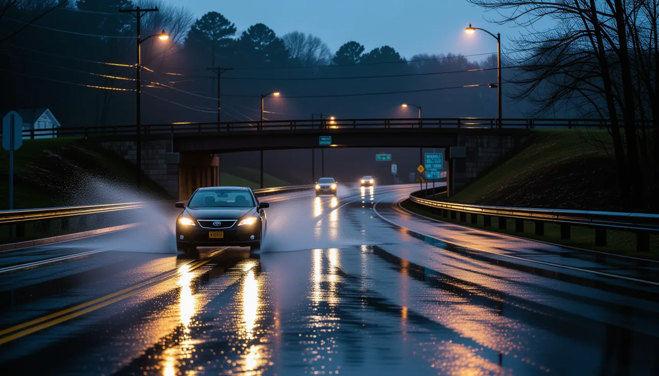 Wet asphalt glistens under streetlights on a rain-slicked Greenville intersection, tires spraying wa