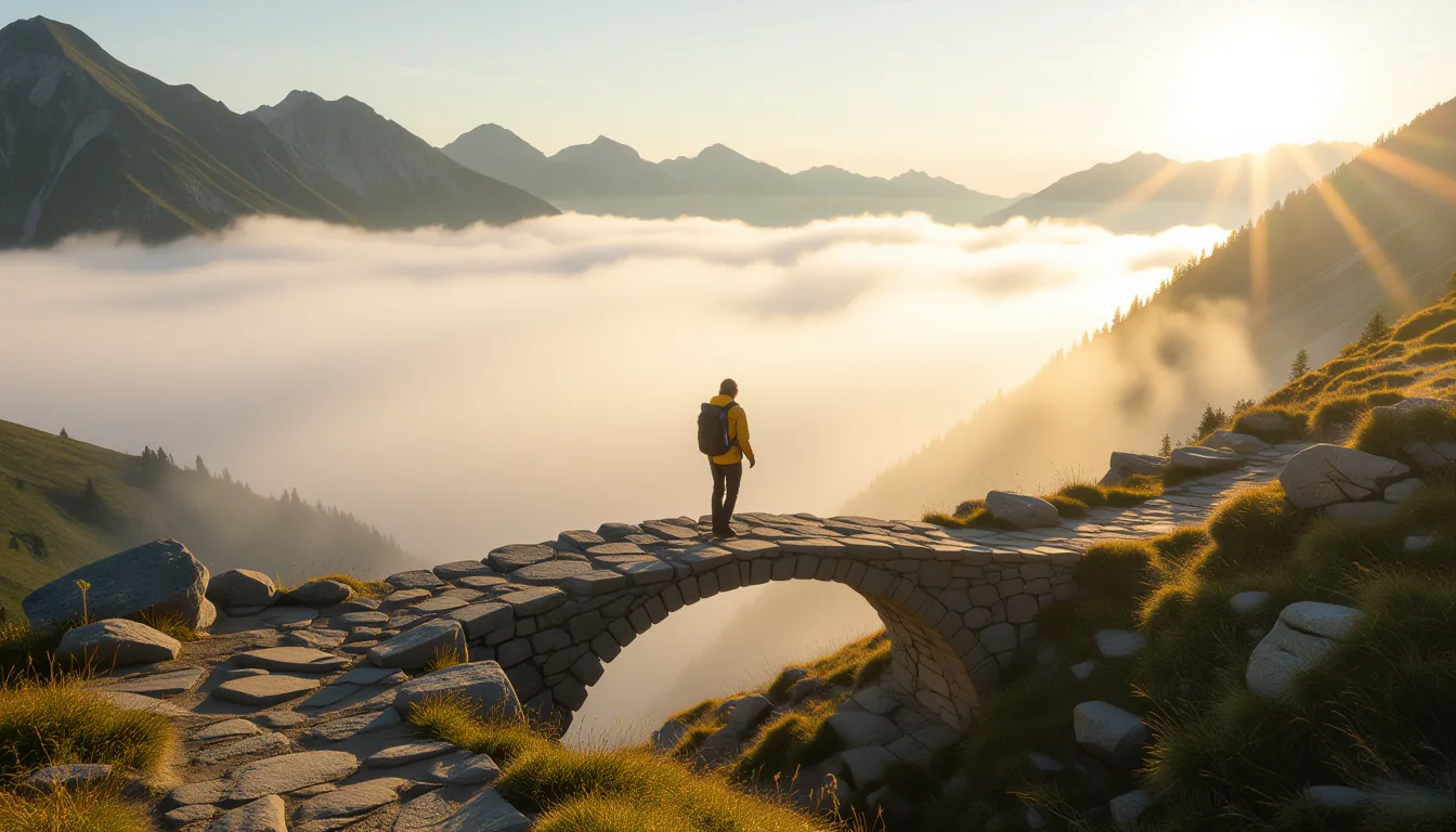 A sun-faded granite trail vanishes into high alpine fog; a lone hiker in a worn yellow jacket pauses