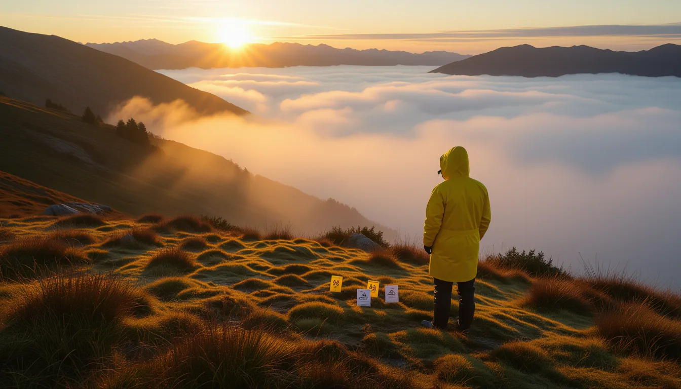 A wide-angle shot from a ridge overlooking a mist-shrouded valley at golden hour; warm light catchin