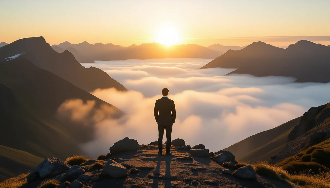 A lone figure in a dark suit stands on a windswept basalt ridge above a fog-choked valley, backlit b