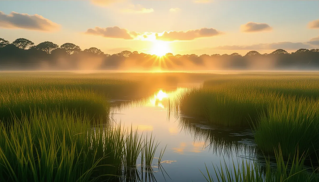 Morning fog lifts from a coastal marsh near Charleston as a single sunbeam pierces the low clouds, i