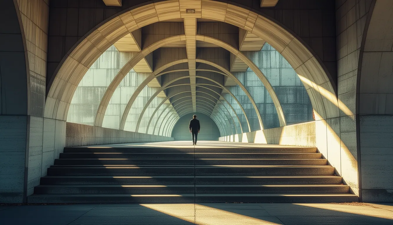 Sunlight fractures through a concrete viaduct’s ribbed vaults, illuminating a lone figure pausing mi