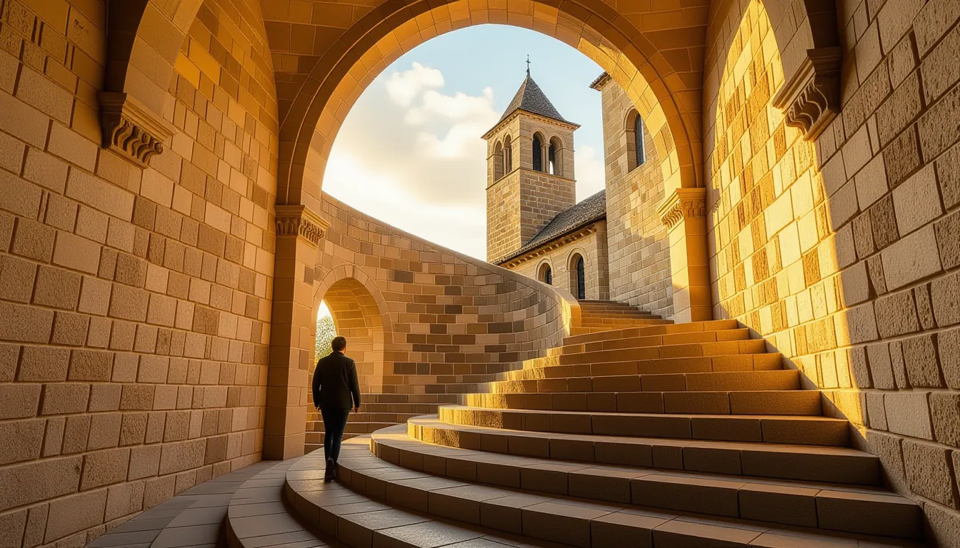 A lone figure climbs the curved stone steps of a medieval Romanesque church tower, shallow depth of