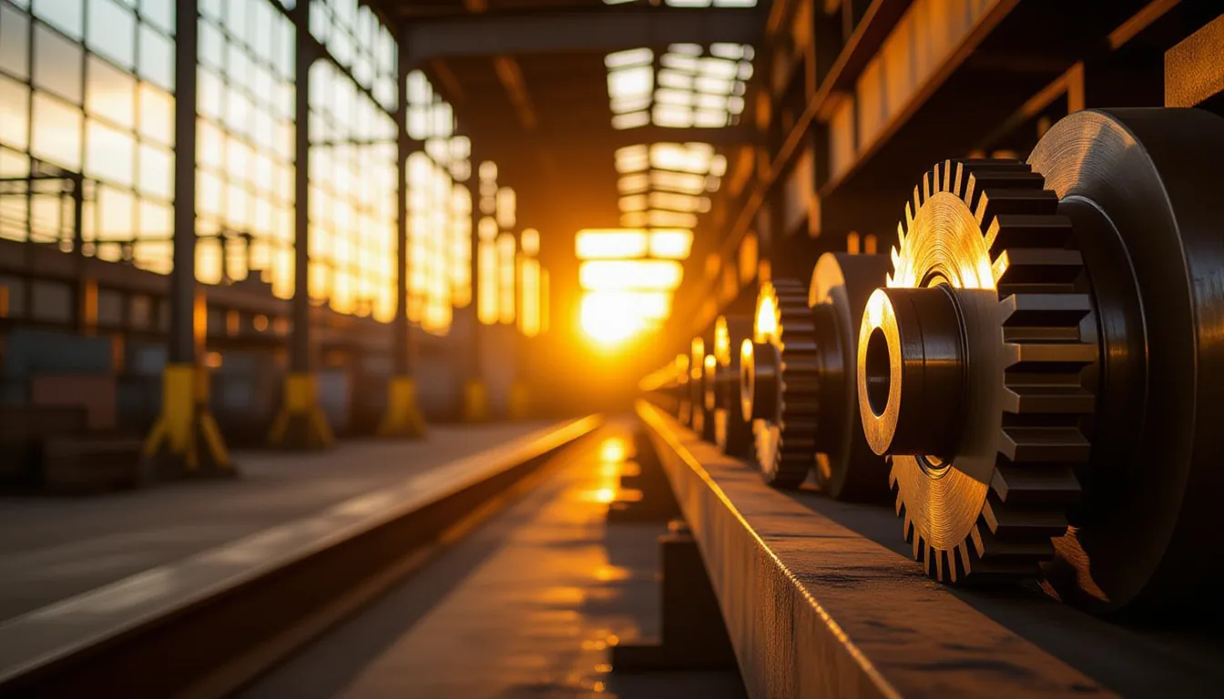 Sunrise through a steel-fabrication plant’s high windows glints off interlocking gears and heavy pip