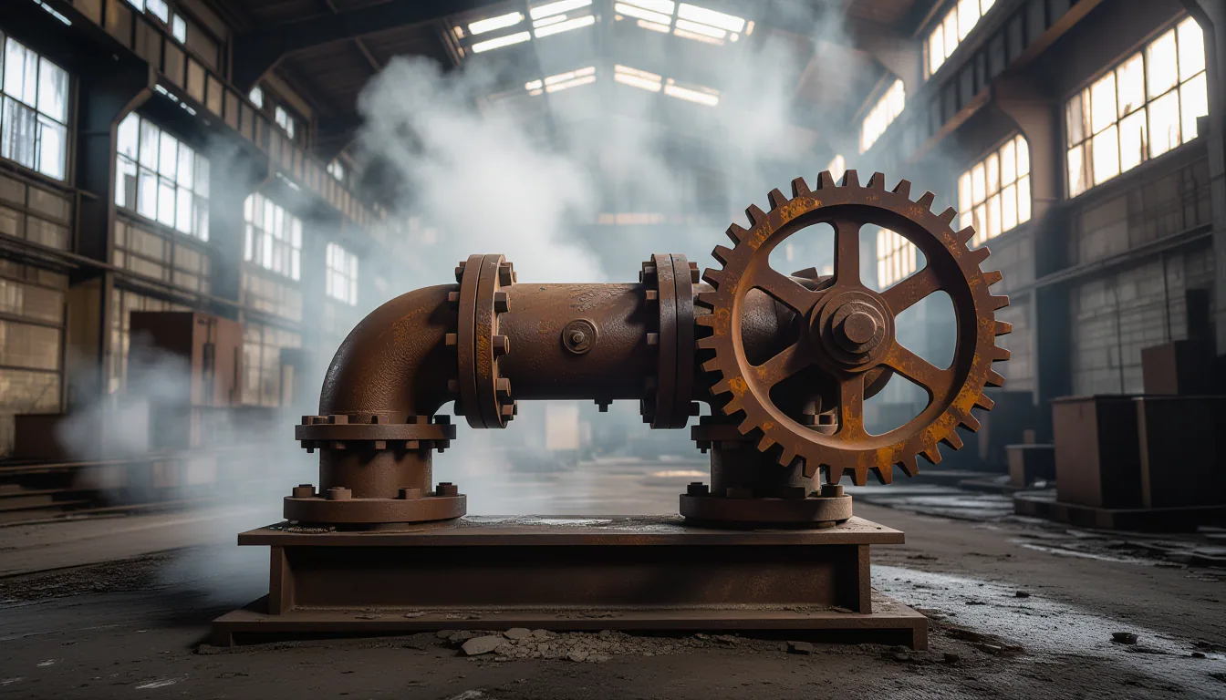 A rusted, industrial pipe assembly in a derelict factory, steam hissing from joints, backlit by hars