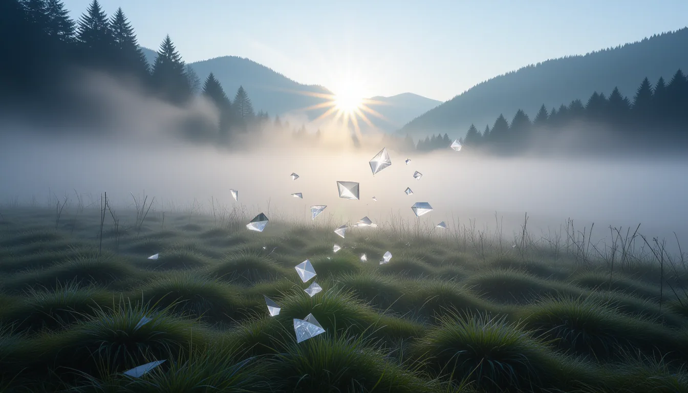 A narrow shaft of pale winter light pierces thick valley fog, illuminating dust motes suspended mid
