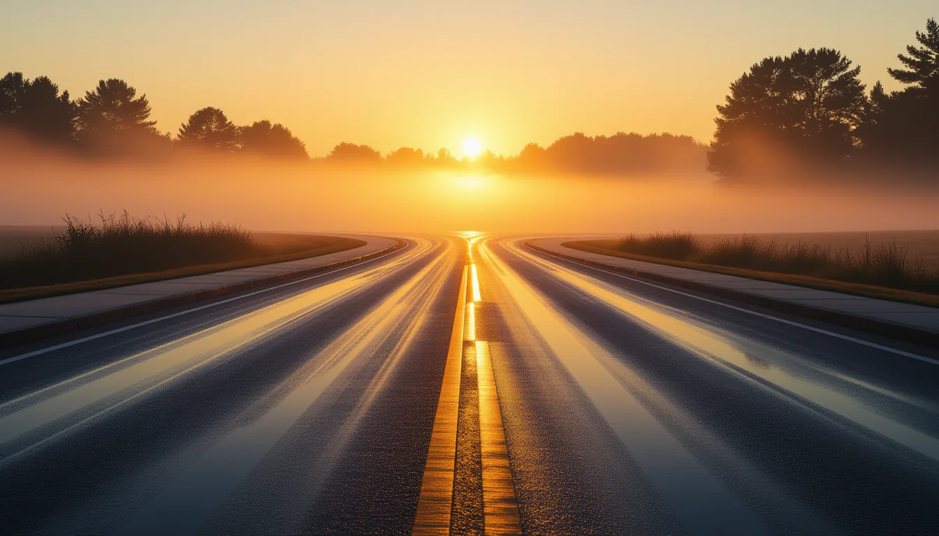 A wet asphalt intersection gleams under the low-angle orange glow of a setting sun, where thick bank