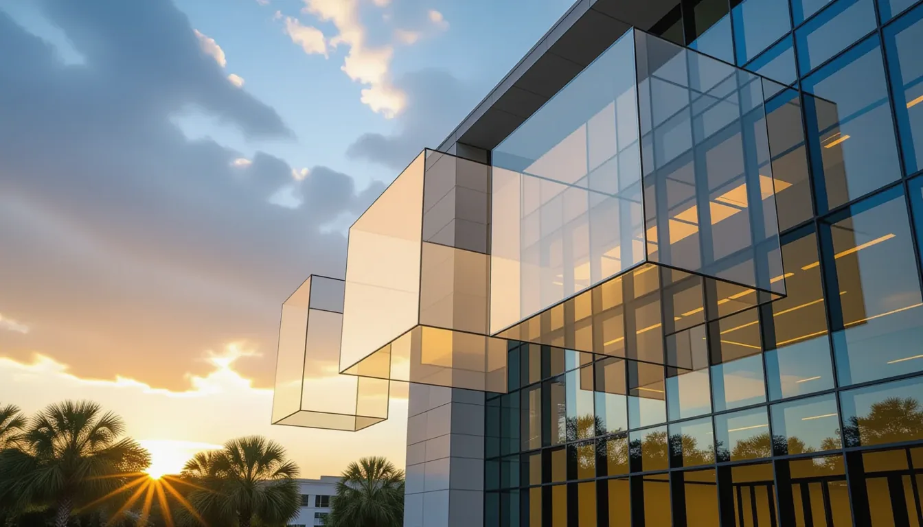 Translucent geometric planes hover in the humid air outside the Charleston courthouse, their layered