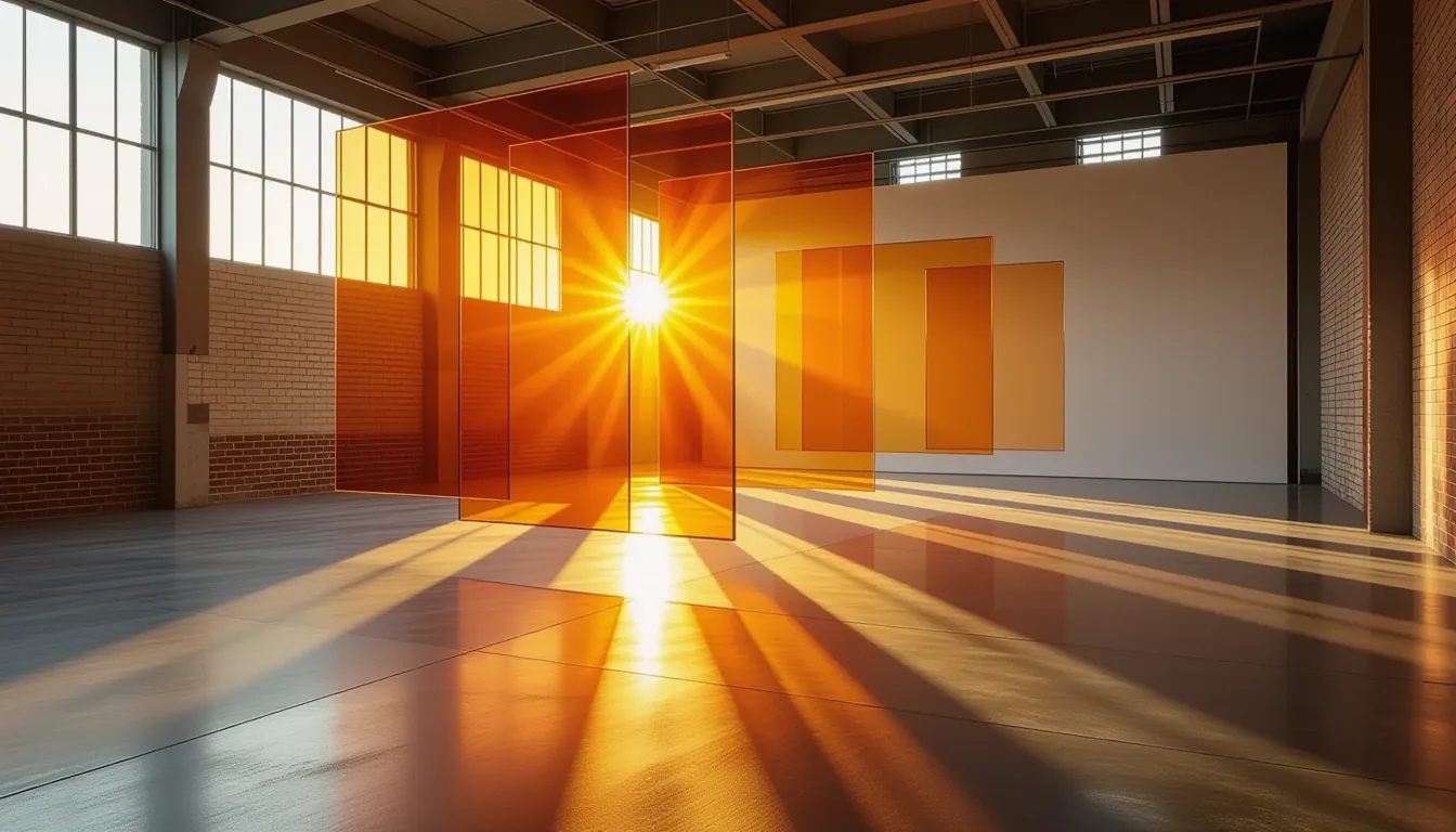 Amber-hued light filters through layered translucent acrylic planes suspended in a vast studio space