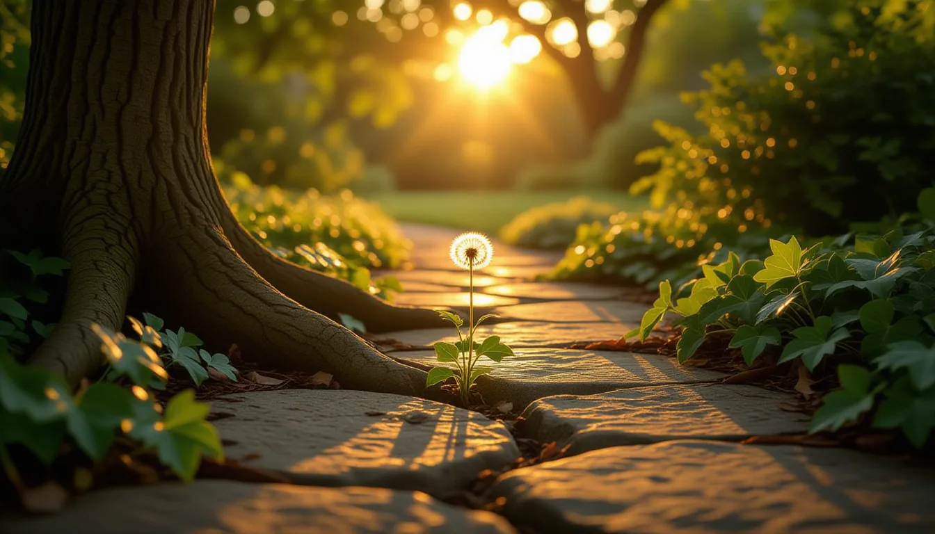 Golden-hour sunlight filtering through an oak canopy onto a weathered garden path where tangled ivy