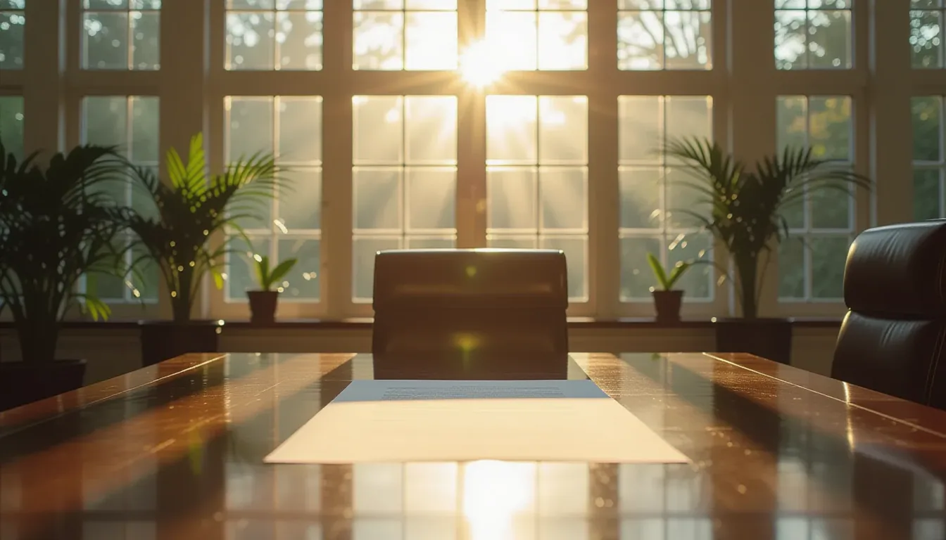A pale morning beam cuts through a glass-enclosed atrium, illuminating dust motes and the heavy grai