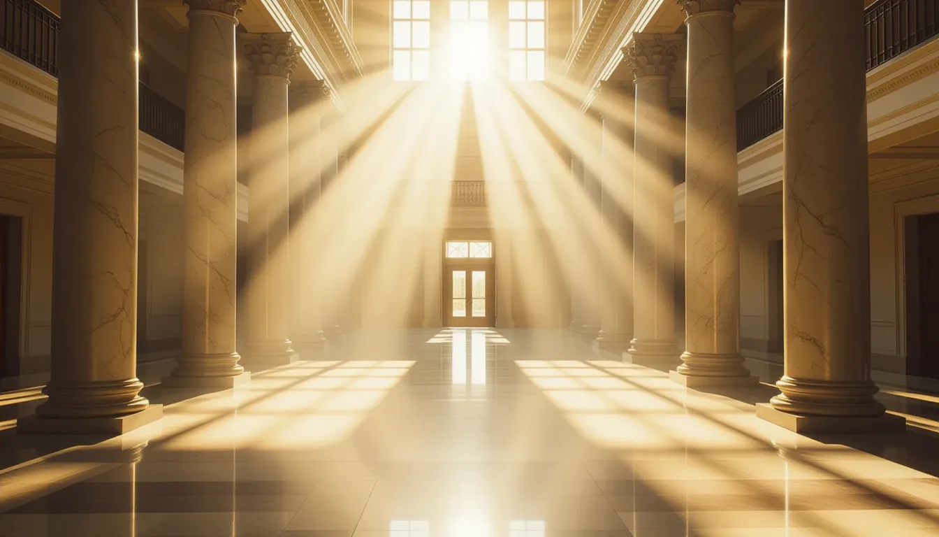 Golden-hour rays slice through morning fog in an empty courthouse atrium, illuminating dust motes su