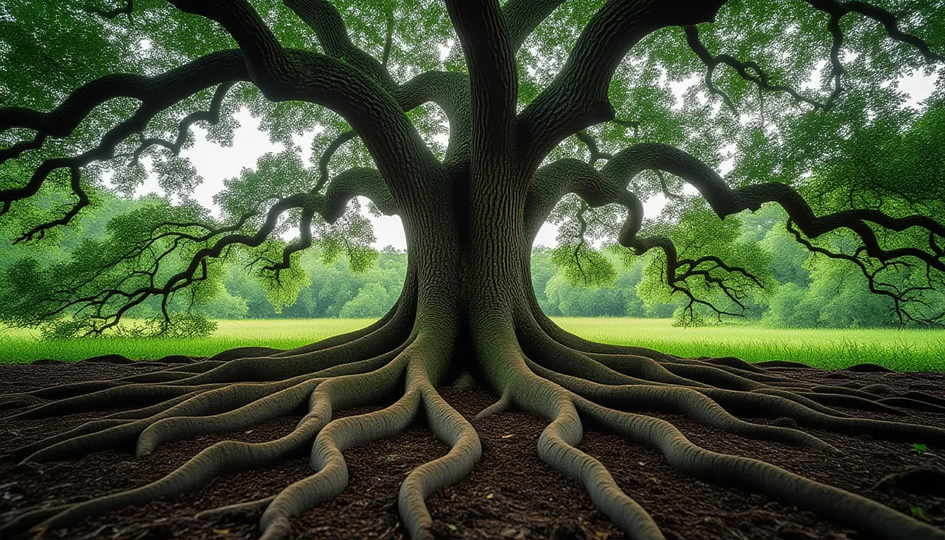 A gnarled live oak’s tangled root system grips dark clay soil under an overcast sky, its exposed roo