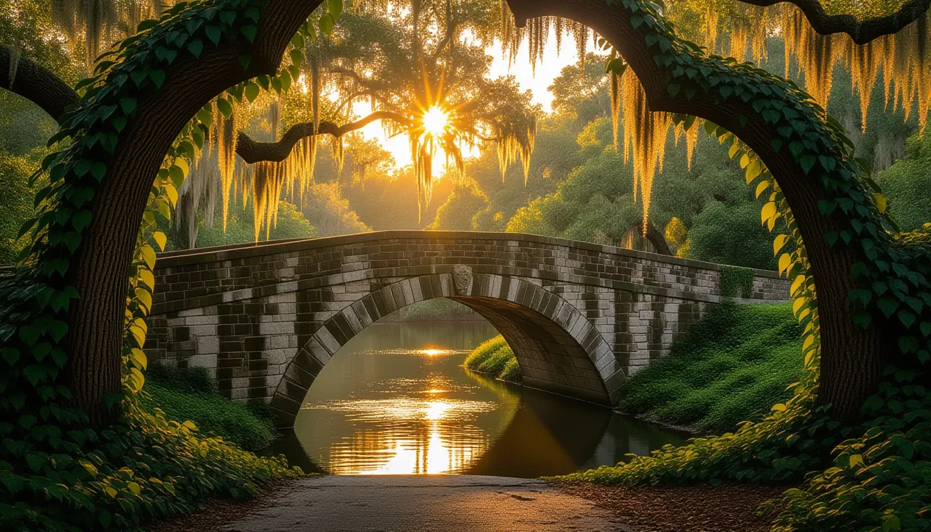 Long exposure of an old stone bridge in Charleston at golden hour, the camera angled low through wil