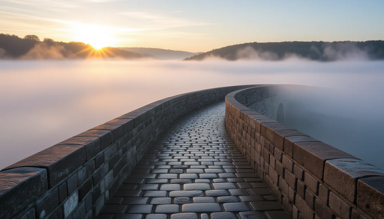 A narrow stone bridge spans a fog-choked chasm at dawn; its weathered railing worn smooth by countle