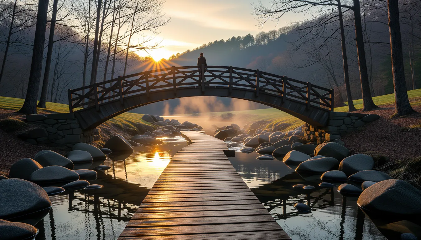 A weathered wooden footbridge arches over a granite-lined stream in the Blue Ridge Mountains at gold