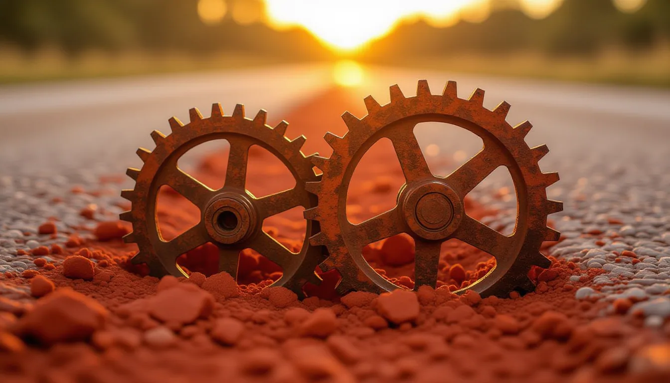 A macro shot at golden hour shows rusted, interlocking steel gears half-buried in the red clay of a