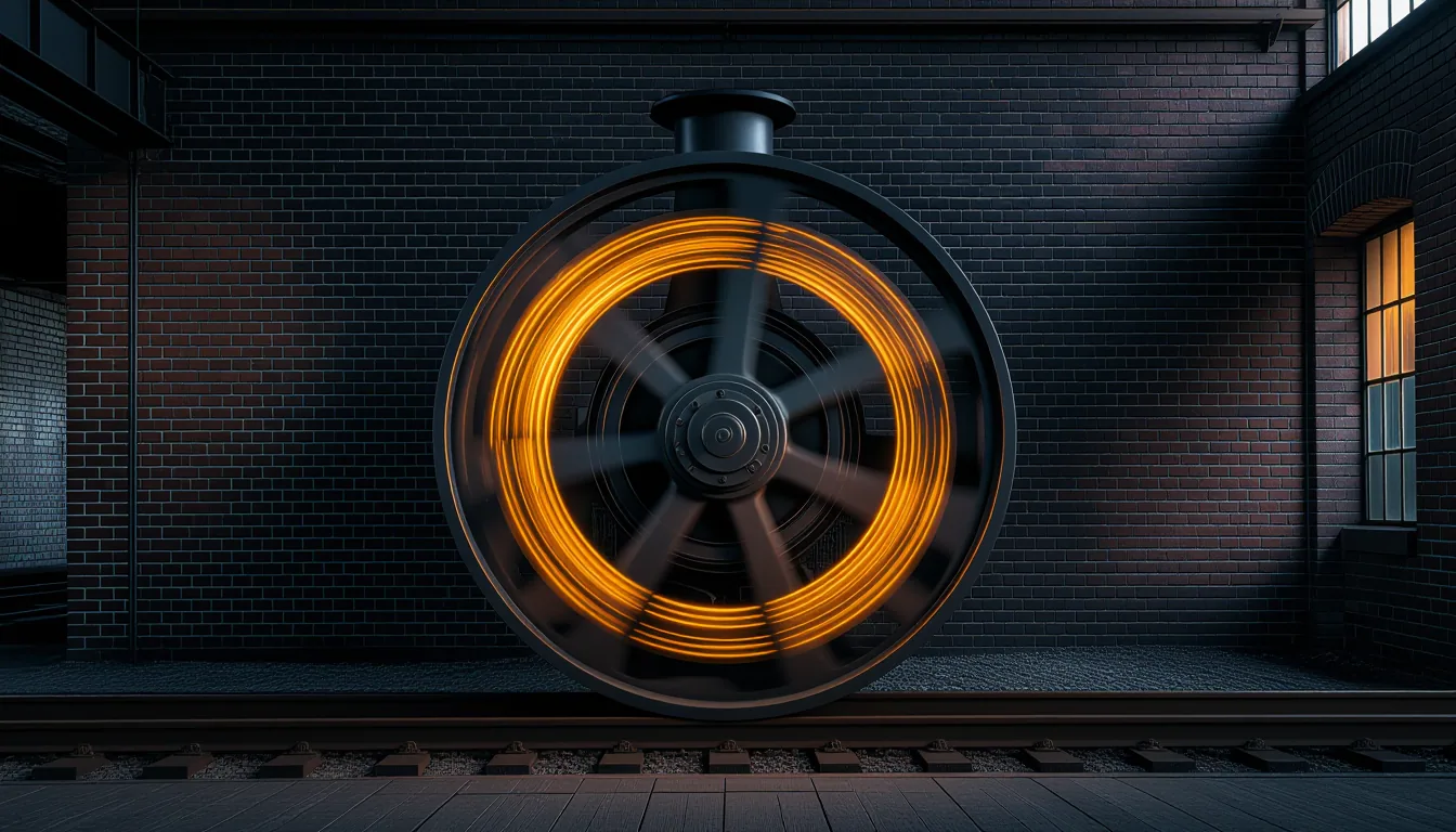 A long-exposure photograph captures the blur of a vintage steam engine’s flywheel and connecting rod