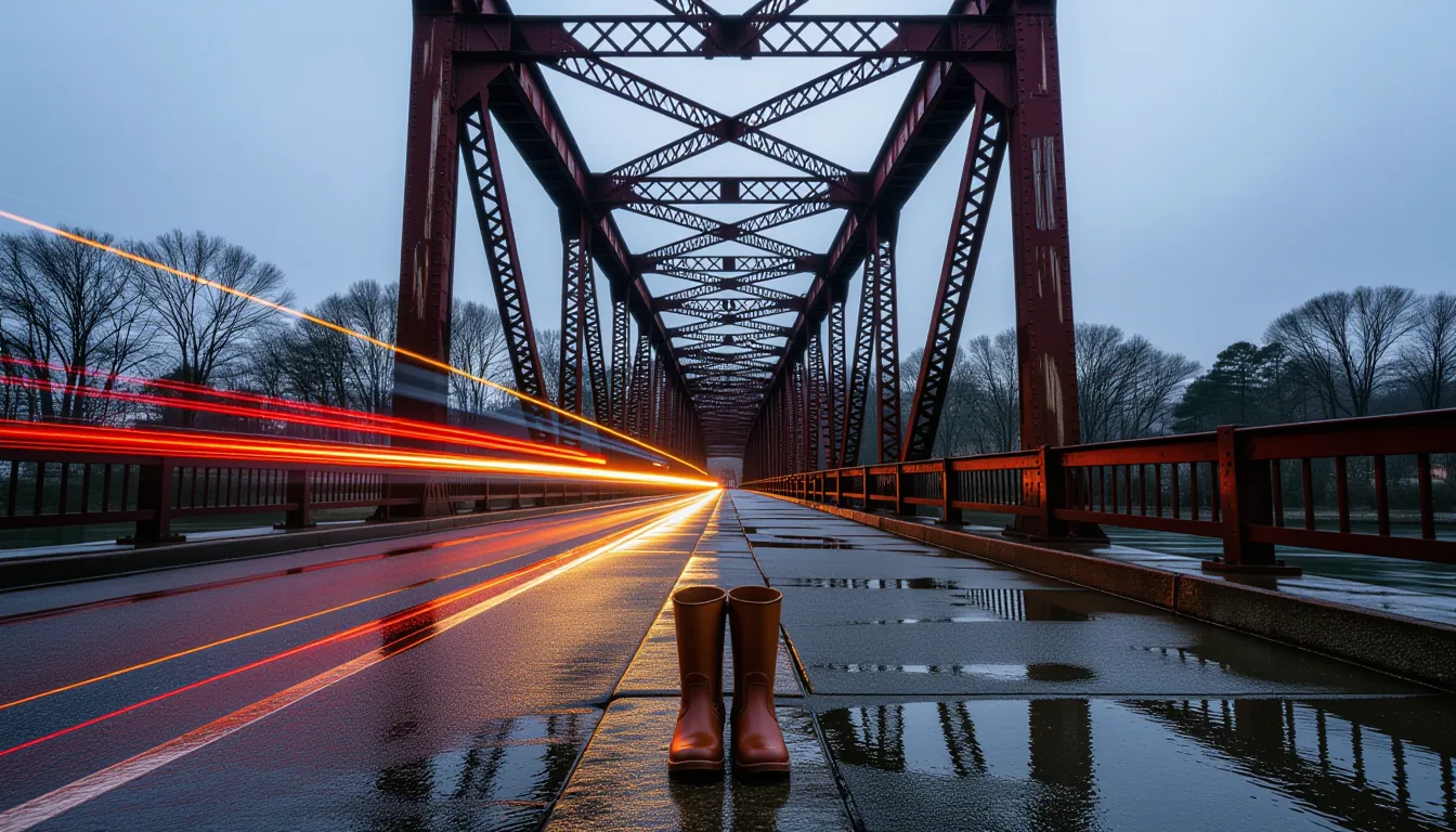 Long exposure captures streaks of traffic light blurring beneath the rusted steel trusses of a Green