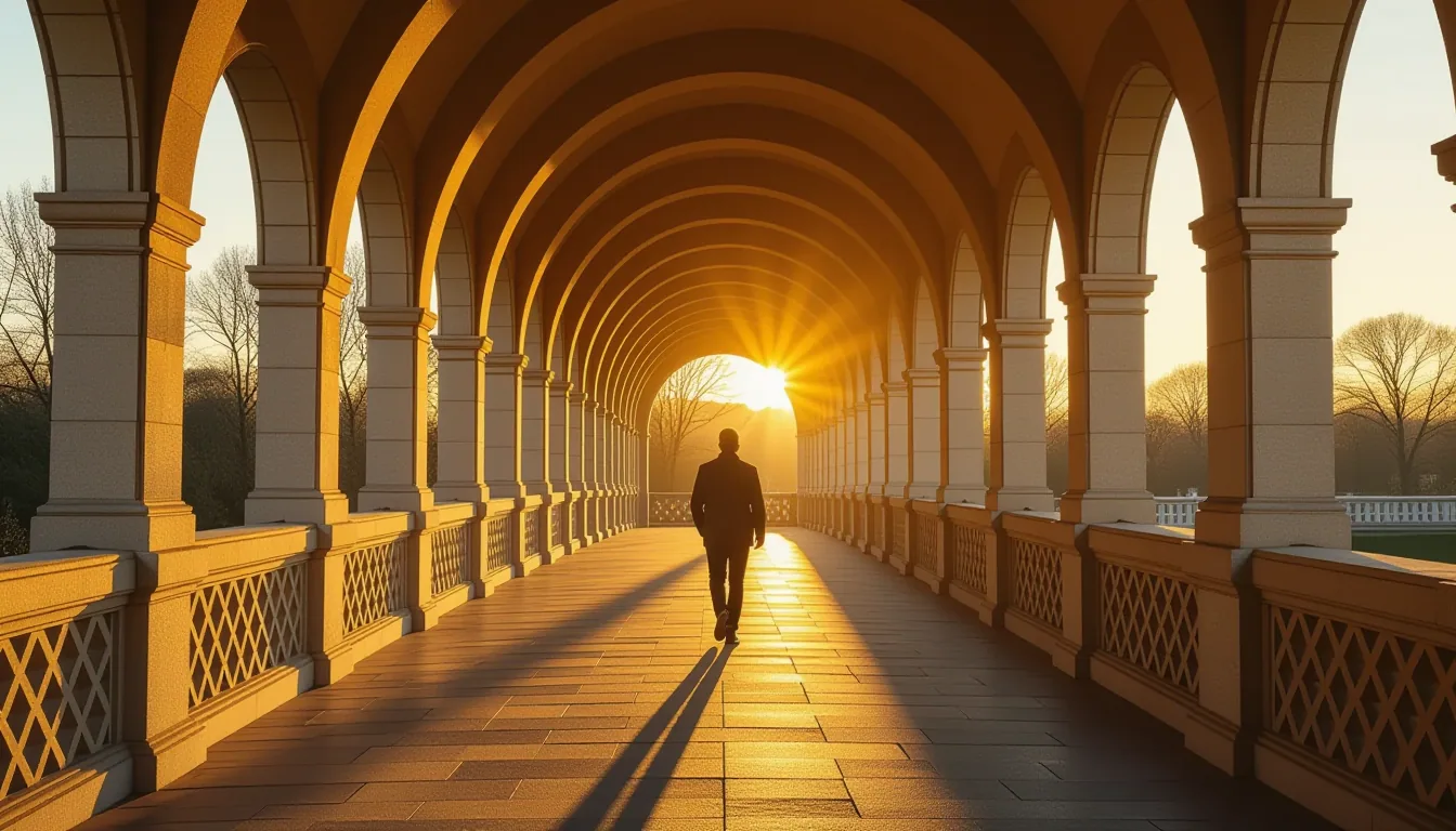 A lone figure walks across a sunlit stone bridge at golden hour, their shadow stretching across the