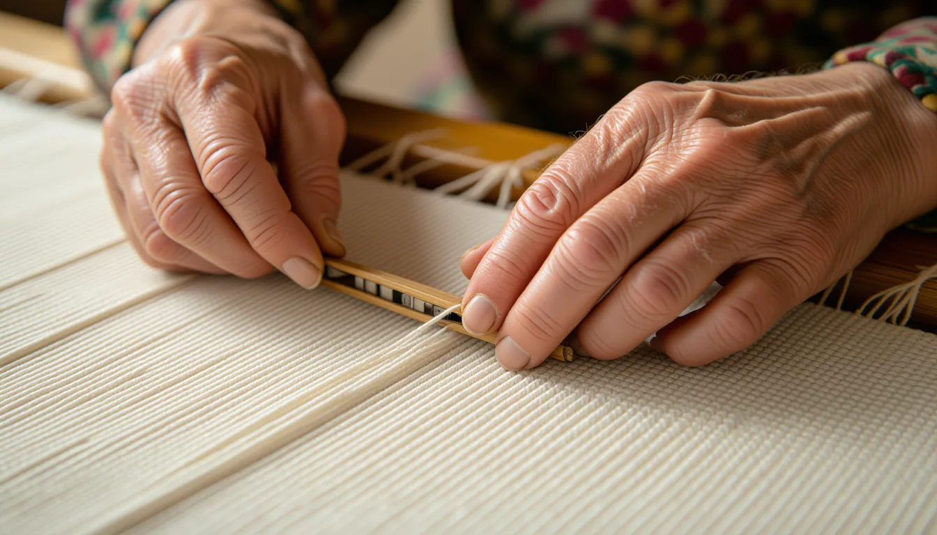 Hands calloused from years at the loom press down on a frayed cotton warp, fingers carefully picking
