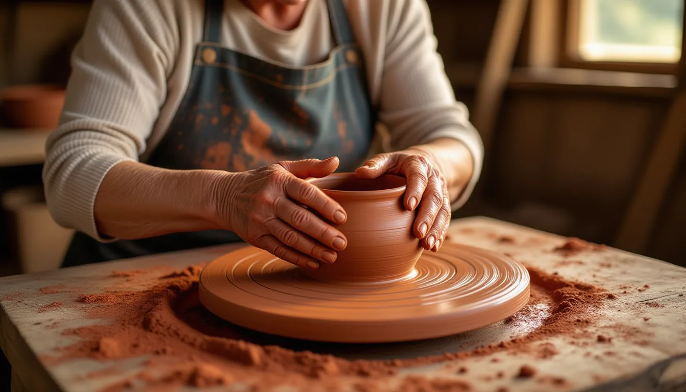 An older woman’s dirt-streaked hands knead red Georgia clay on a rough wooden workbench, golden hour