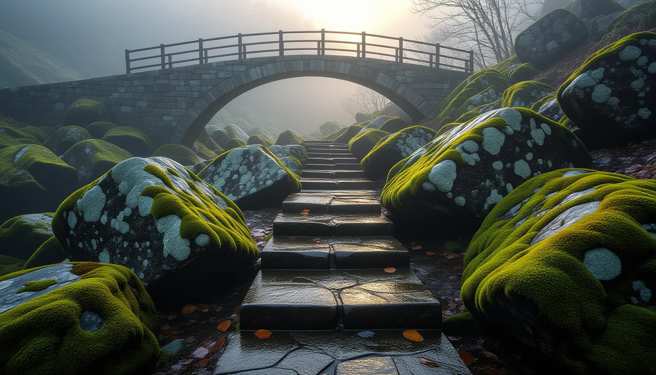 A narrow stone footpath descends into fog between mossy granite boulders near a bridge span; golden