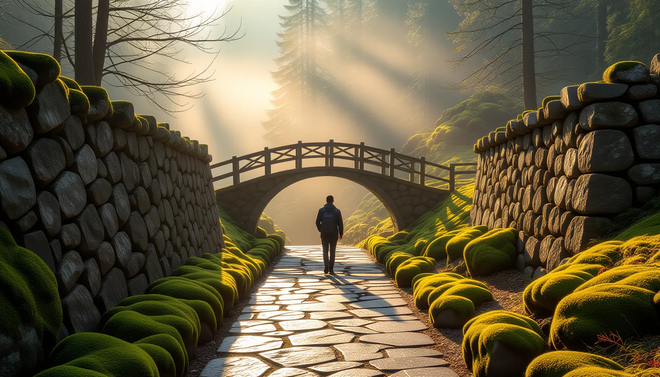 A lone figure walks along a moss-covered stone path that winds between granite walls toward an arche