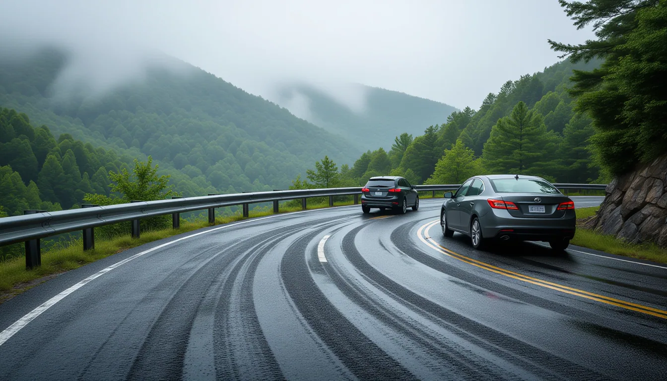 Winding asphalt trail through a misty South Carolina mountain pass, where one car skids off the edge