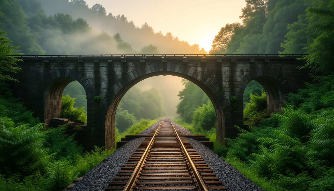 Mist clings to the mossy stone arch of an old railroad bridge spanning a deep Appalachian ravine; go