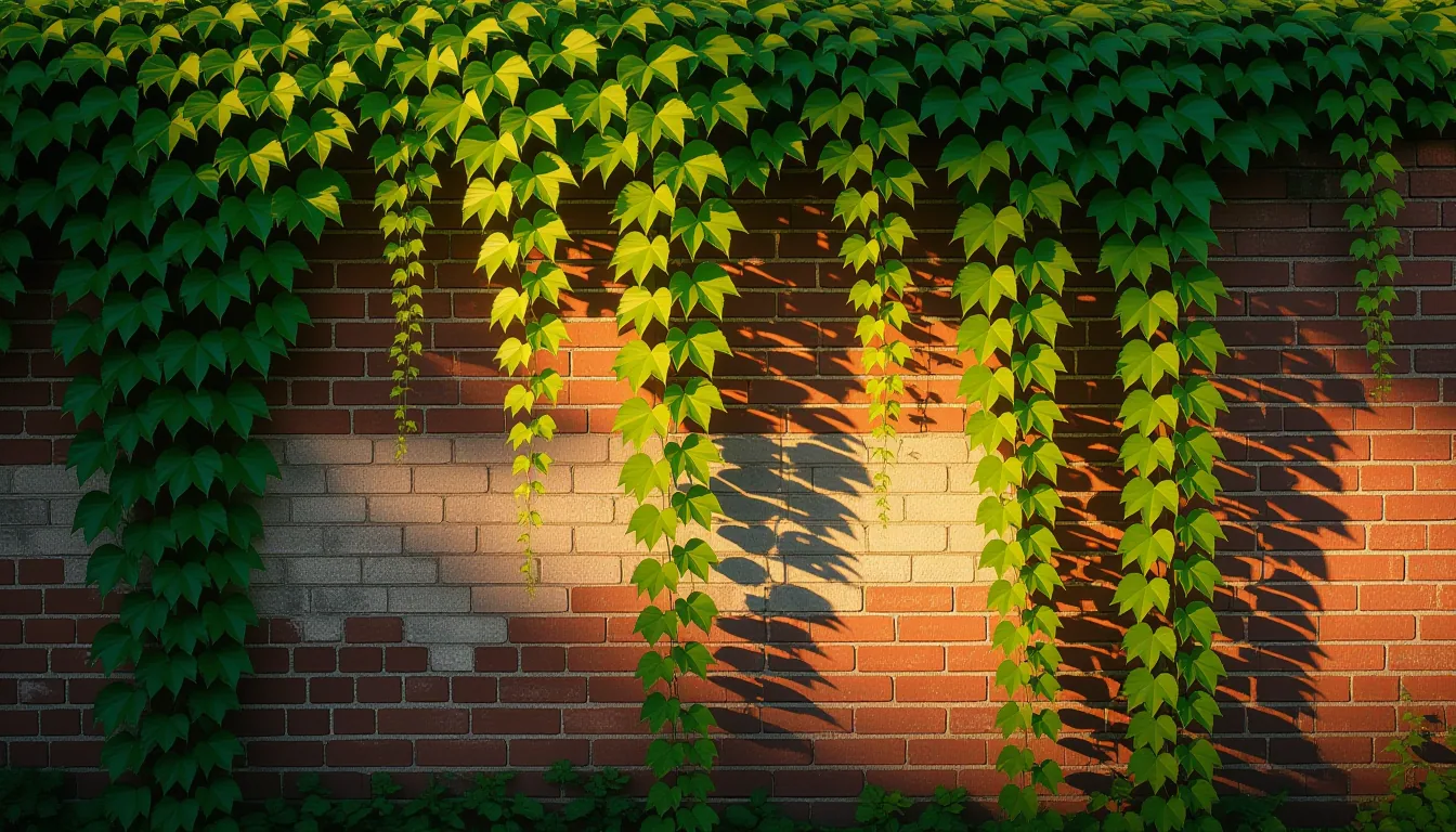 Dense kudzu vines cascade down an abandoned brick wall at golden hour, their tangled stems thick as