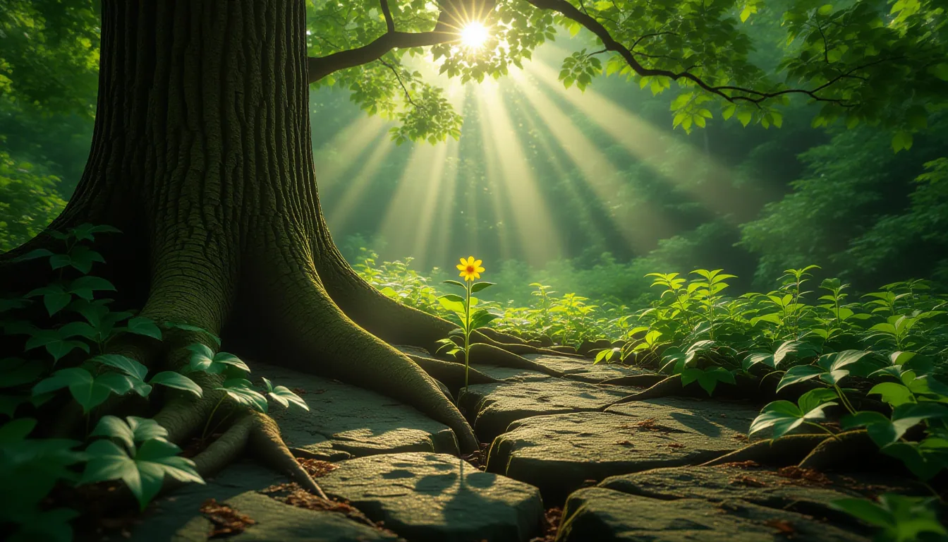 Sunlight filters through a dense oak canopy onto damp forest floor where thick ivy roots grip cracke