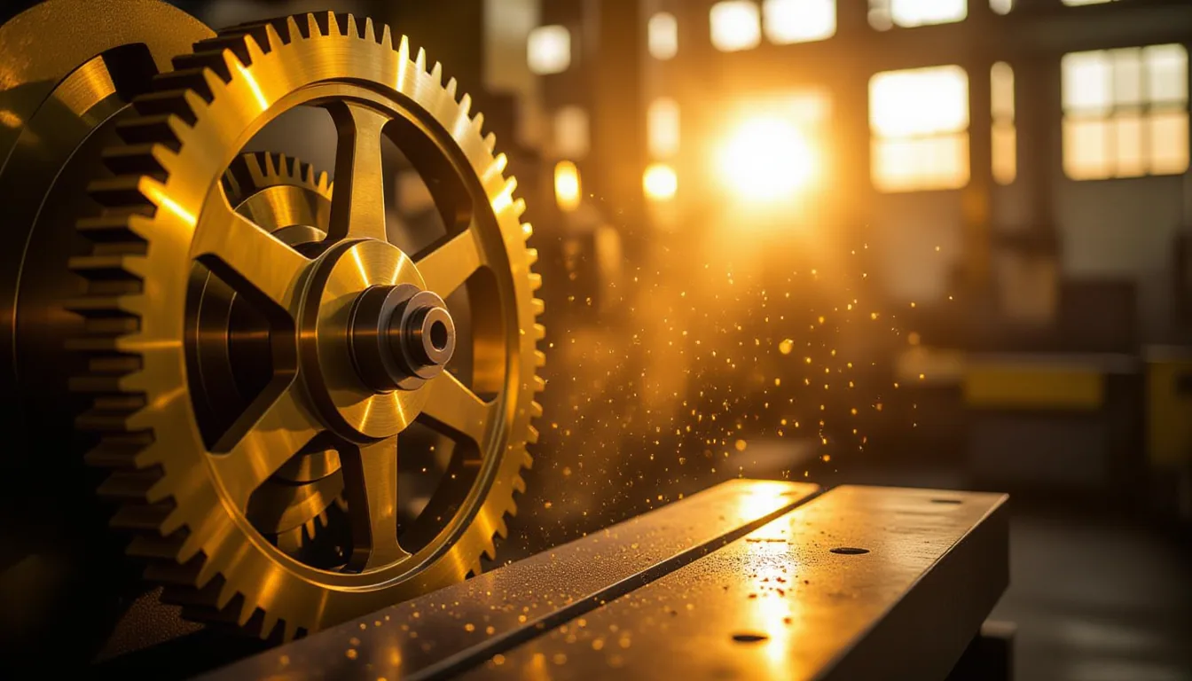 Golden-hour light catches brass gears in slow motion on a factory floor, dust motes drifting through