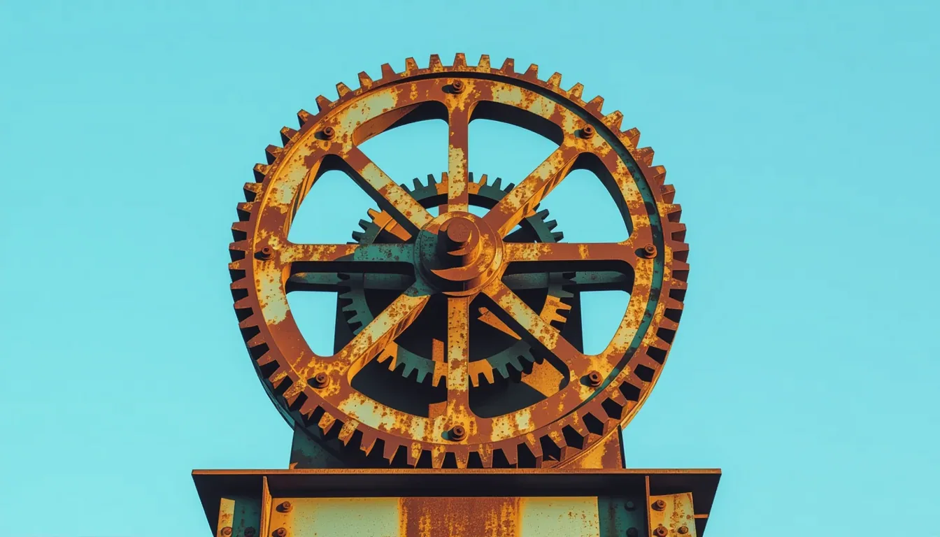 Golden-hour side-light catches a rusted industrial clocktower's exposed gear train, one tooth slippi