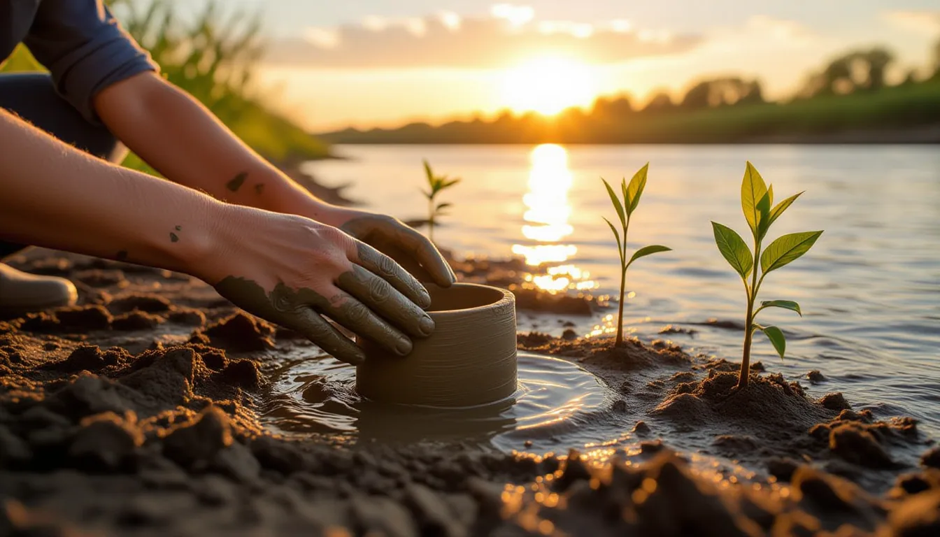 Mud-caked fingers press raw clay into a wooden mold along a riverbank at golden hour, long shadows s