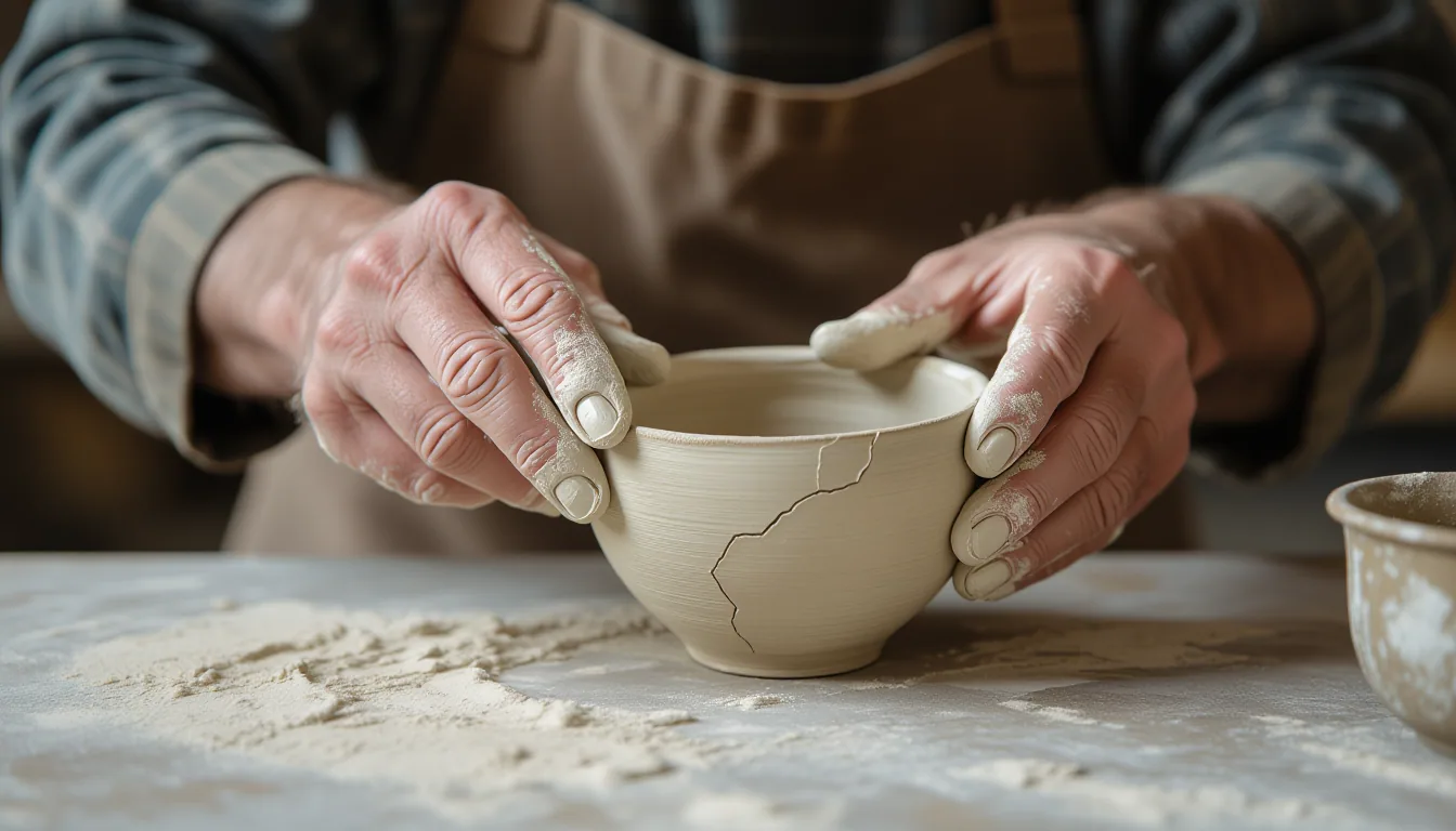 Overcast diffused light on an aging pair of hands carefully smoothing the rough edge of a cracked ce