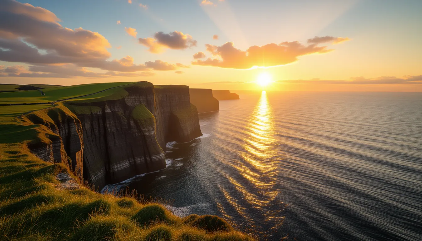 Sunlight breaks through a coastal cliff’s jagged edge at golden hour, casting long shadows across th