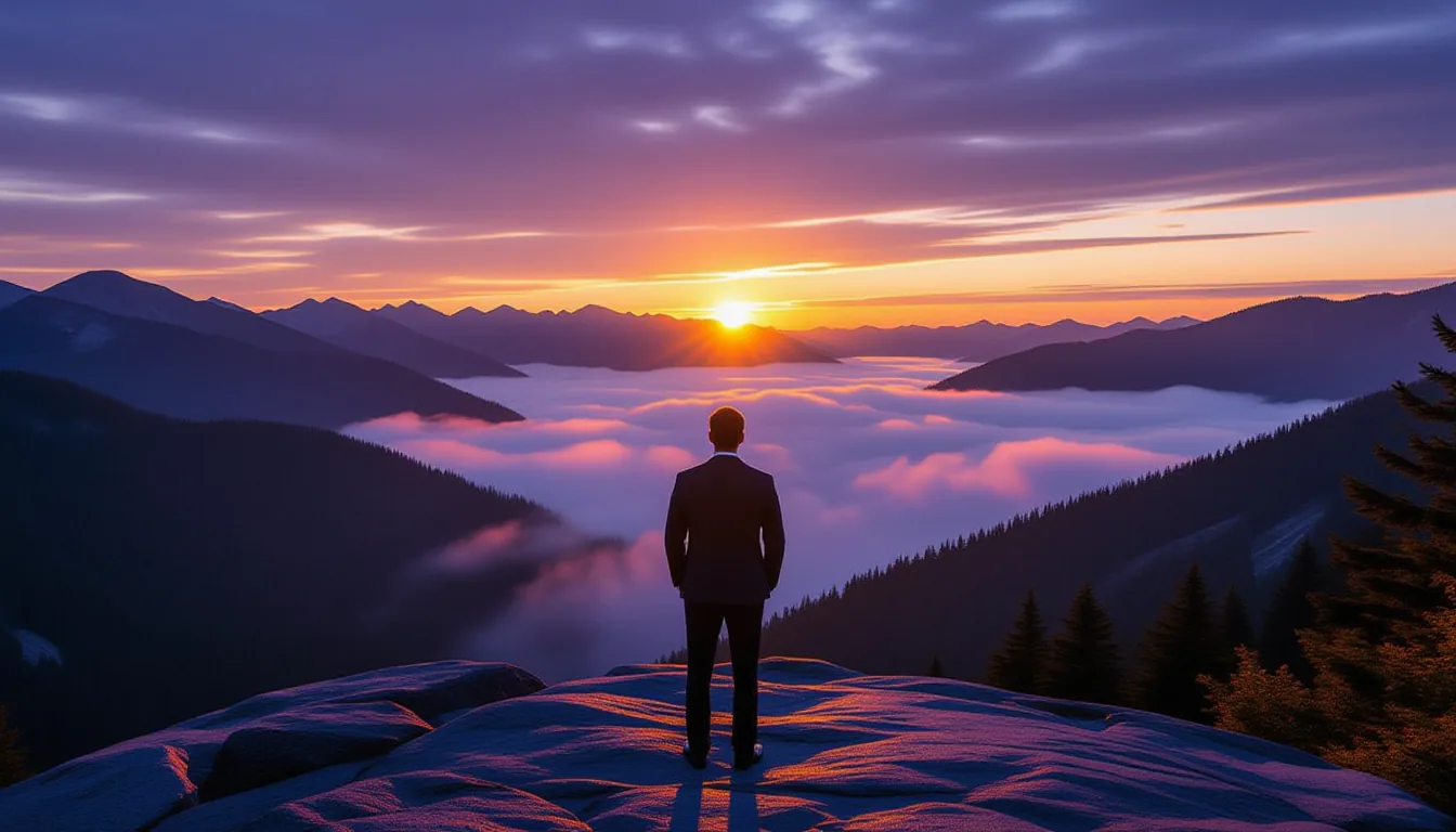 Shallow depth of field captures a lone attorney’s silhouette on a granite overlook, backlit by alpin