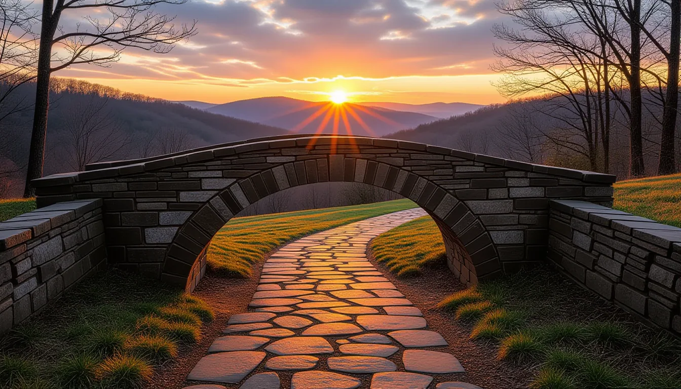 A weathered stone bridge arches over a dry creek bed in the Blue Ridge foothills at late afternoon